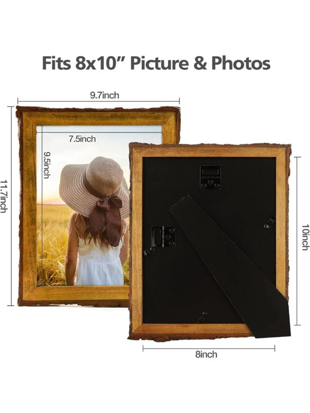 Rustic Brown 8x10 Picture Frame - Solid Wood with Bark Edge & Glass Display